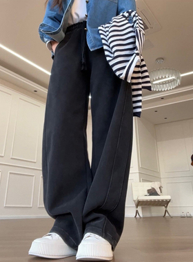 加绒黑色运动香蕉裤女秋冬胖mm大码宽松弯刀卫裤休闲阔腿镰刀裤
