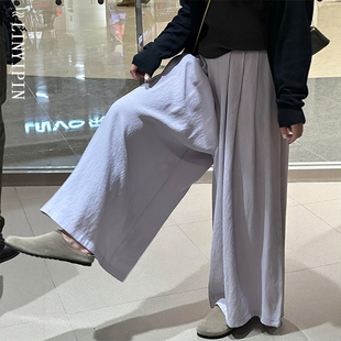 胖mm夏日輕薄棉麻褲 紫色休閑亞麻闊腿裙褲 女2025新款 小個(gè)子大碼 子