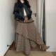 韩系复古不规则咖色格子半身裙女春季 大码 胖mm显瘦a字美拉德长裙