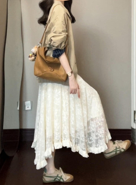 白色不规则蕾丝拼接半身裙女大码胖mm梨形身材显瘦伯克利蛋糕长裙