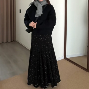 胖mm梨形身材长款 女装 伯克利大摆伞裙 大码 黑色波点鱼尾半身裙冬季