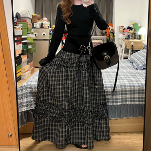 胖mm显瘦长款 美式 大码 女款 a字蛋糕裙 黑白格子花边拼接半身裙春装