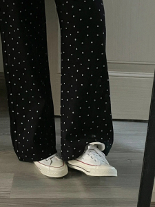 黑色波点碎花裤子女夏季直筒阔腿大码显瘦胖mm设计感印花休闲裤潮
