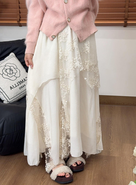 不规则白色蕾丝拼接半身裙秋冬蛋糕长裙大码女装型身材伯克利裙子