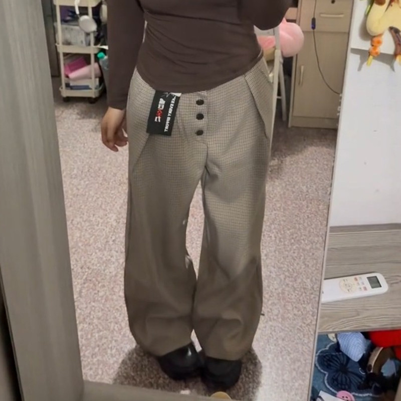 老钱风卡其色格子排扣西装裤子女大码春季休闲阔腿裤超好看梧桐裤,女装/女士精品,大码裤装,淘宝优惠券,粉丝福利购,淘宝优惠卷