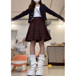 学院风格 女胖mm显瘦大码 纹jk百褶裙 红色格子半身裙a字中长款 美式