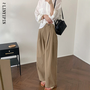 卡其色阔腿裤女2026年春季大码宽松显瘦工装裤胖mm设计感休闲裤