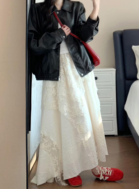 白色蕾丝不规则半身裙a字女大码胖mm显瘦小众设计感花边重工长裙