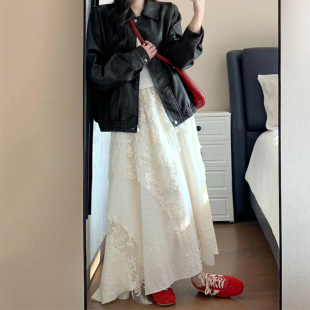 白色蕾丝不规则半身裙a字女大码 胖mm显瘦小众设计感花边重工长裙