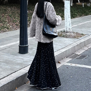 黑色波点大裙摆2026超火鱼尾裙女大码 半身裙春 梨形伯克利裙子长款