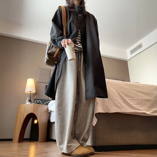 韩系慵懒风灰色休闲阔腿运动裤 子女秋季 大码 胖mm显瘦垂感弯刀卫裤