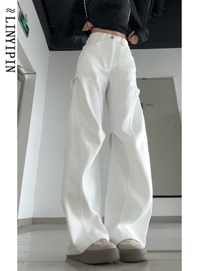 褶皱白色西装裤女装大码胖mm显瘦垂感镰刀裤工装弯刀阔腿浅色裤子