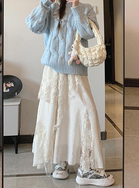 白色不规则蕾丝拼接a字重工半身裙女秋季大码胖mm梨形伯克利裙子