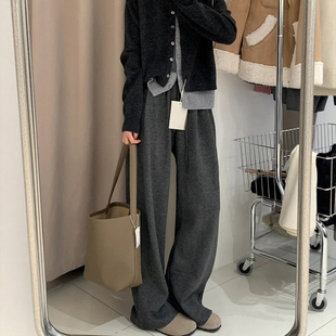 小个子慵懒风阔腿休闲长裤 大码 子女款 胖mm直筒加绒裤 深灰色糯米裤