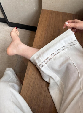 白色镂空天丝亚麻阔腿裤夏季薄款老钱风裤子大码女装小个子九分裤