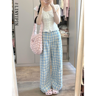 梨型身材粗腿宽胯休闲裤 多巴胺蓝色格子裤 大码 夏季 宽松慵懒风 女款