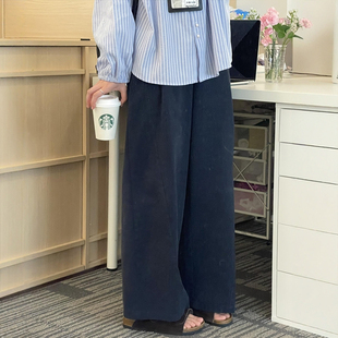 藏青色裤 子直筒宽松秋季 大码 女胖mm显瘦梨型身材弯刀松弛感阔腿裤