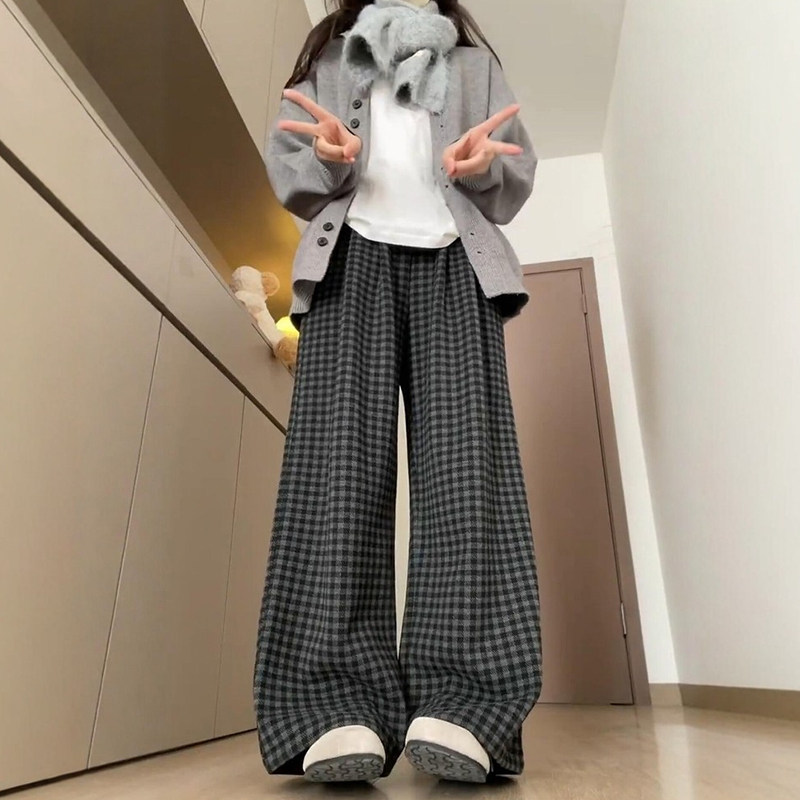 黑灰色巨好看的冬装裤子女款大码胖mm慵懒风毛呢阔腿休闲格子长裤,女装/女士精品,大码裤装,淘宝优惠券,粉丝福利购,淘宝优惠卷