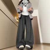 胖mm慵懒风毛呢阔腿休闲格子长裤 黑灰色巨好看 子女款 大码 冬装 裤