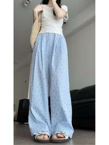 蓝色波点鸭梨身材裤子女胖mm大码显瘦夏日遛弯裤松弛感休闲阔腿裤