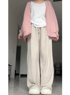 奶茶色裤子加绒糯米裤女款秋冬大码梨形身材慵懒风阔腿直筒休闲裤