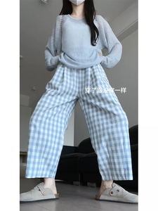 大码蓝色格子云朵裤女秋小个子阔腿萝卜气球裤胖mm显瘦九分灯笼裤