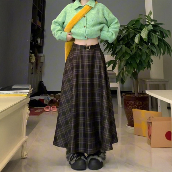 半身裙女大码 美拉德复古棕色毛呢格子冬季 胖mm显瘦梨形伯克利裙子