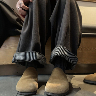 阔腿裤 毛呢卷边条纹深灰色加绒裤 胖mm宽松慵懒厚款 大码 子女秋冬季