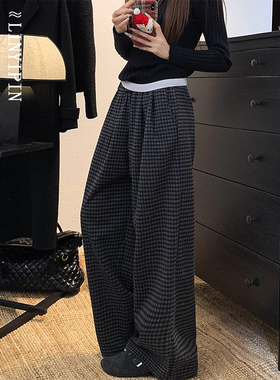 慵懒风复古格子休闲裤女2025秋冬新款阔腿裤大码胖mm遮胯显瘦裤子