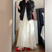 春季 不规则白色蕾丝拼接半身长裙大码 女装 显瘦梨形伯克利大摆伞裙