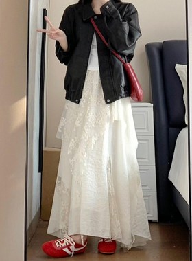 不规则白色蕾丝拼接半身长裙大码女装秋冬显瘦梨形伯克利大摆伞裙