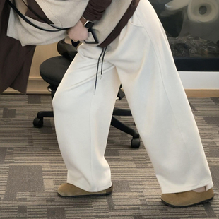 子慵懒风胖mm显瘦宽松休闲裤 米白色毛呢阔腿裤 秋冬加绒裤 大码 女款