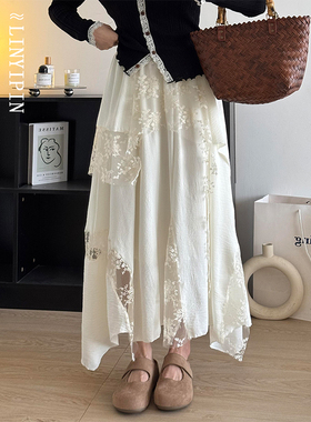 蕾丝拼接不规则白色半身裙女胖mm大码显瘦伯克利月光纱蛋糕长裙子