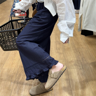 胖mm显瘦小个子休闲九分裤 藏青色木耳花边镂空阔腿裤 大码 春季 女款