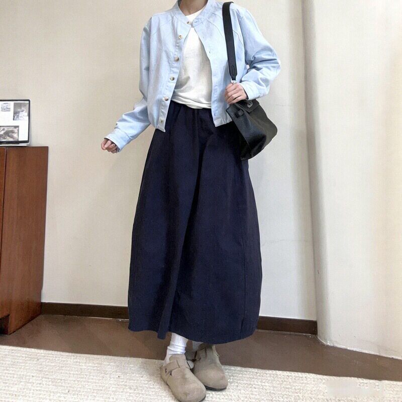 胖mm长款藏青色花苞裙女2026新款春季蓬蓬大码遮肉设计感半身裙子