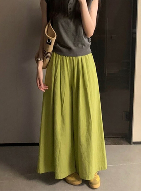 草绿色夏天巨好看的薄裤子女胖mm大码小个子九分棉麻阔腿山本裙裤