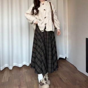 胖mm显瘦美拉德a字伯克利长裙子 女装 韩系复古格子半身裙冬季 大码