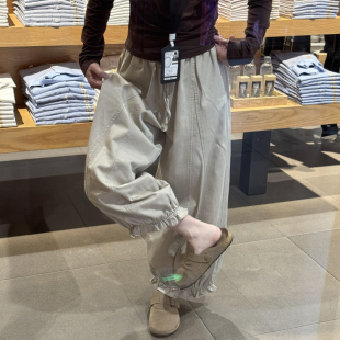 女胖mm显瘦九分休闲阔腿气球花苞裤 子大码 卡其色木耳边灯笼裤 春装