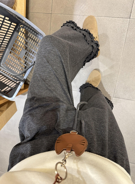 深灰色木耳边阔腿针织糯米裤子大码女胖mm显瘦春装直筒休闲九分裤