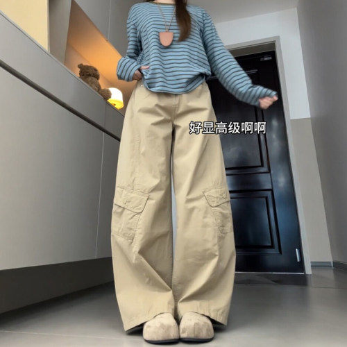 弯刀卡其色老钱风裤子大码胖mm工装裤女款2026新款高腰阔腿镰刀裤 - 封面