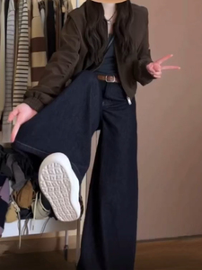 正蓝色慵懒松弛感牛仔裤大码显瘦大裤腿阔腿裤女胖mm梨型身材裤子