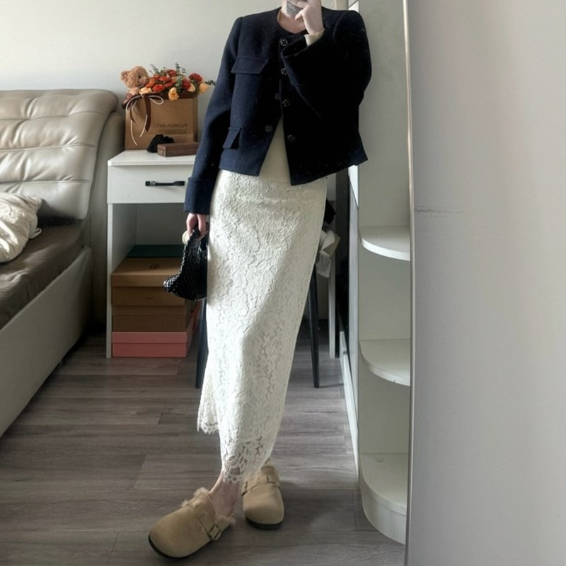 白色蕾丝小香风包臀半身裙女新款气质高级感大码遮肉直筒长款裙子