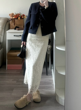 白色蕾丝小香风包臀半身裙女新款气质高级感大码遮肉直筒长款裙子