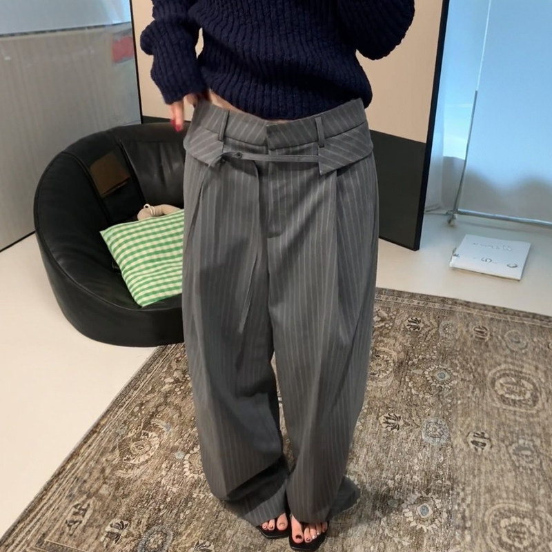 设计感灰色条纹西装裤女阔腿休闲大码慵懒风高智感日常通勤裤子春,女装/女士精品,大码裤装,淘宝优惠券,粉丝福利购,淘宝优惠卷