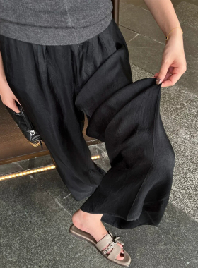黑色醋酸阔腿裤裙女款老钱风休闲裤大码垂坠感夏天巨好看的薄裤子