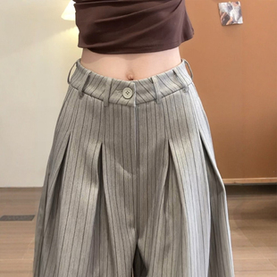 裤 今年流行超火裤 女春季 胖mm显瘦阔腿裤 子 大码 老钱风压褶条纹西装