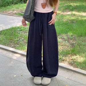 藏青色天丝亚麻弯刀裤子大码女胖mm显瘦夏季冰丝防晒阔腿杨桃裤潮