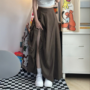 长裙 伯克利显瘦遮肉a字百褶西装 美拉德棕色半身裙女大码 胖mm夏季