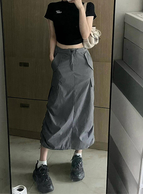 美式复古灰色工装半身裙女夏季大码胖mm后开叉速干a字直筒包臀裙