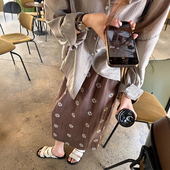 中式 国风咖色亚麻半身裙夏a字大码 女胖mm显瘦老钱松弛感印花长裙